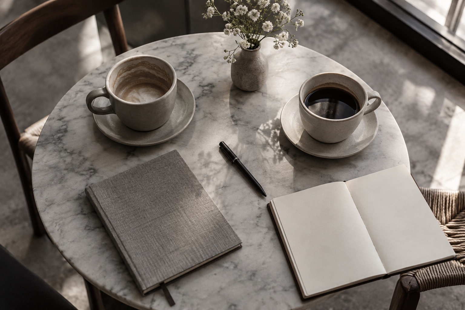 Two coffee cups and open notebooks facing each other across a table