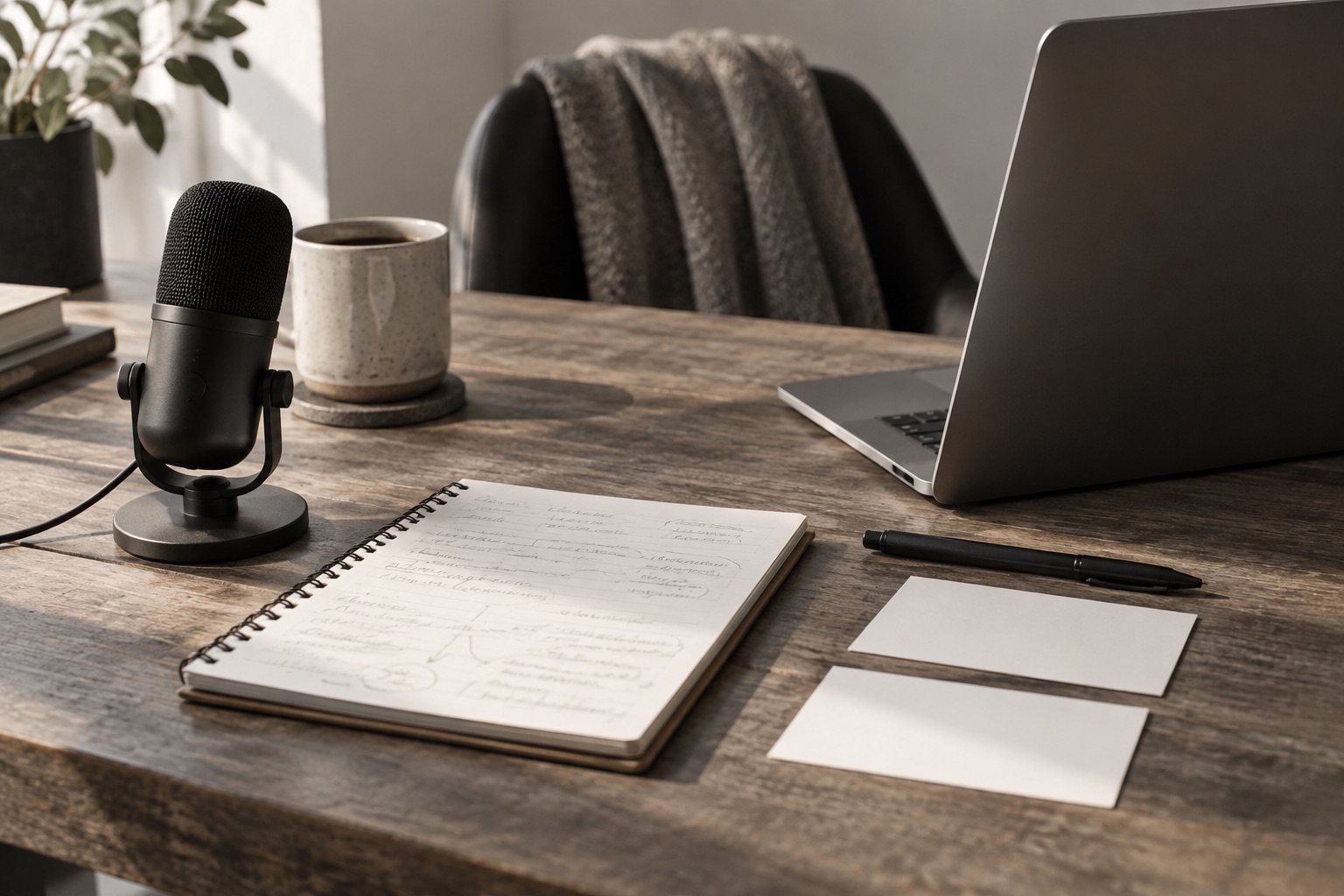 A notebook, microphone, and laptop arranged on a writing desk