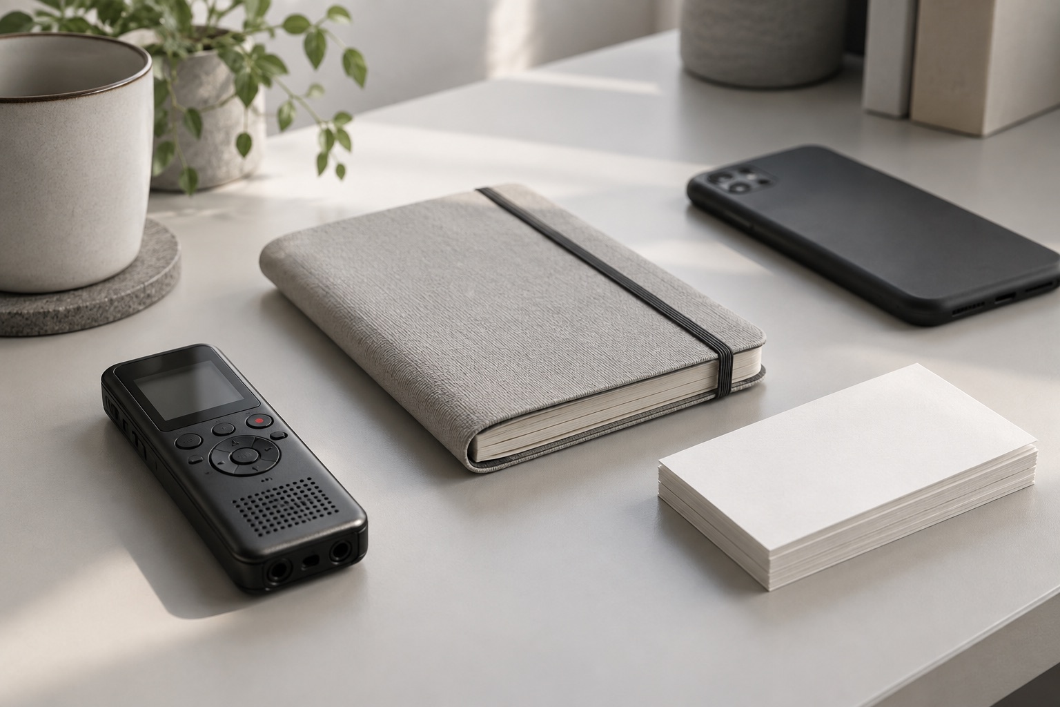 A voice recorder, notebook, and phone holding rough ideas on a desk