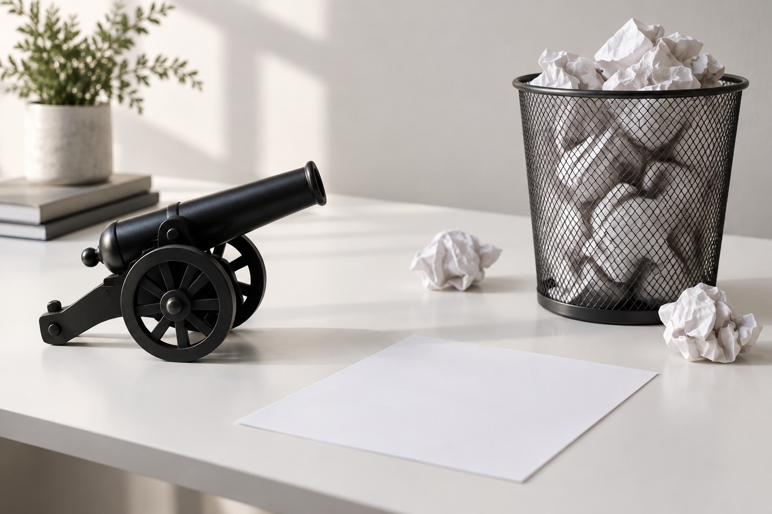 A playful black toy cannon beside a basket of discarded paper drafts