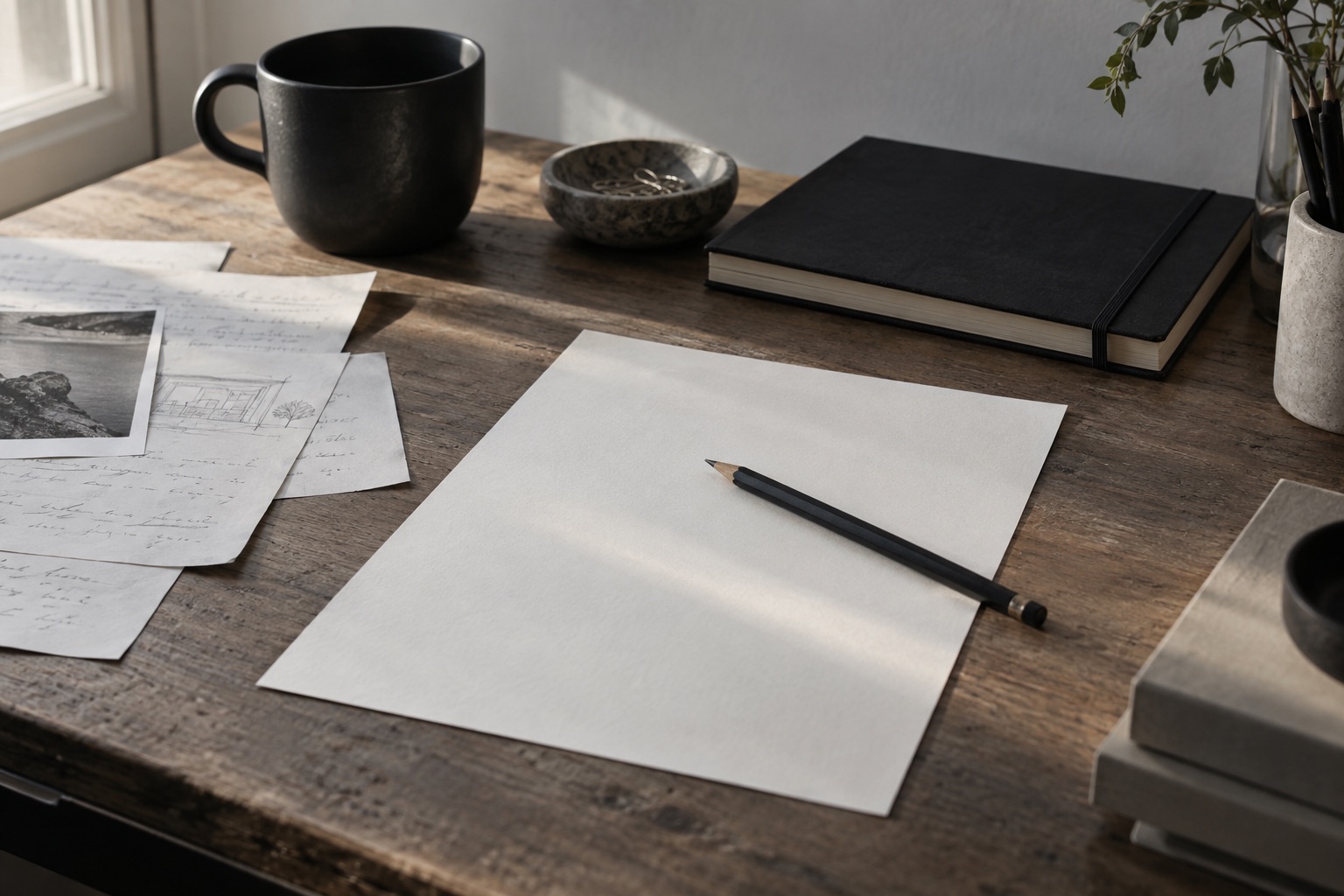 A blank sheet and notebook on a quiet desk in morning light